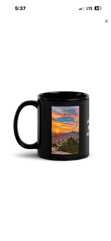 Black mug featuring an authentic Epic Badlands Sunset photo postcard