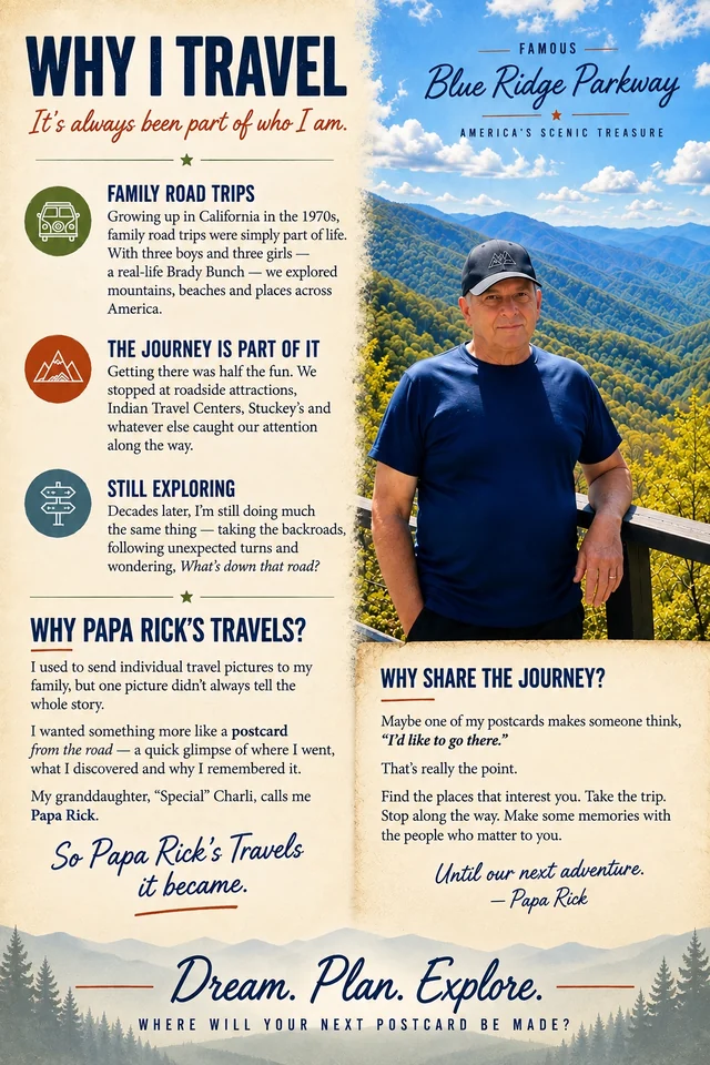 Papa Rick wearing a dark cap and navy shirt beside an overlook railing, with blue mountain ridges behind him.
