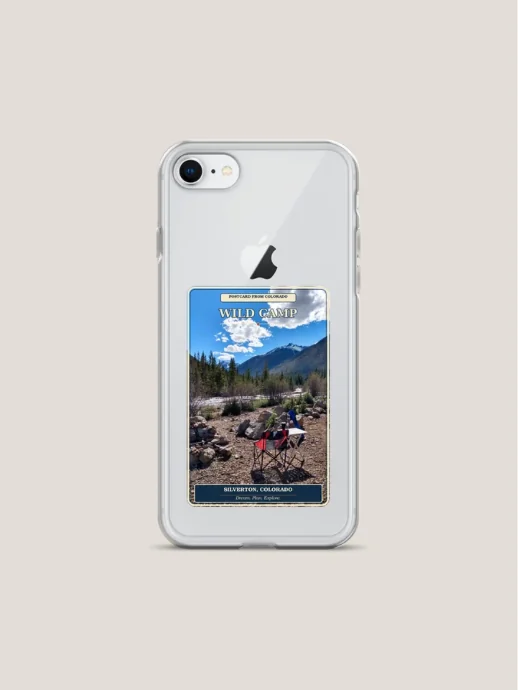 Clear iPhone case featuring Papa Rick’s Silverton, Colorado wild camp photo postcard