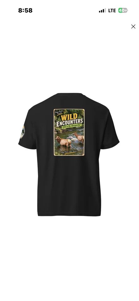 Black Wild Encounters Elk Tee showing the elk postcard design on the back and official logo on the left sleeve