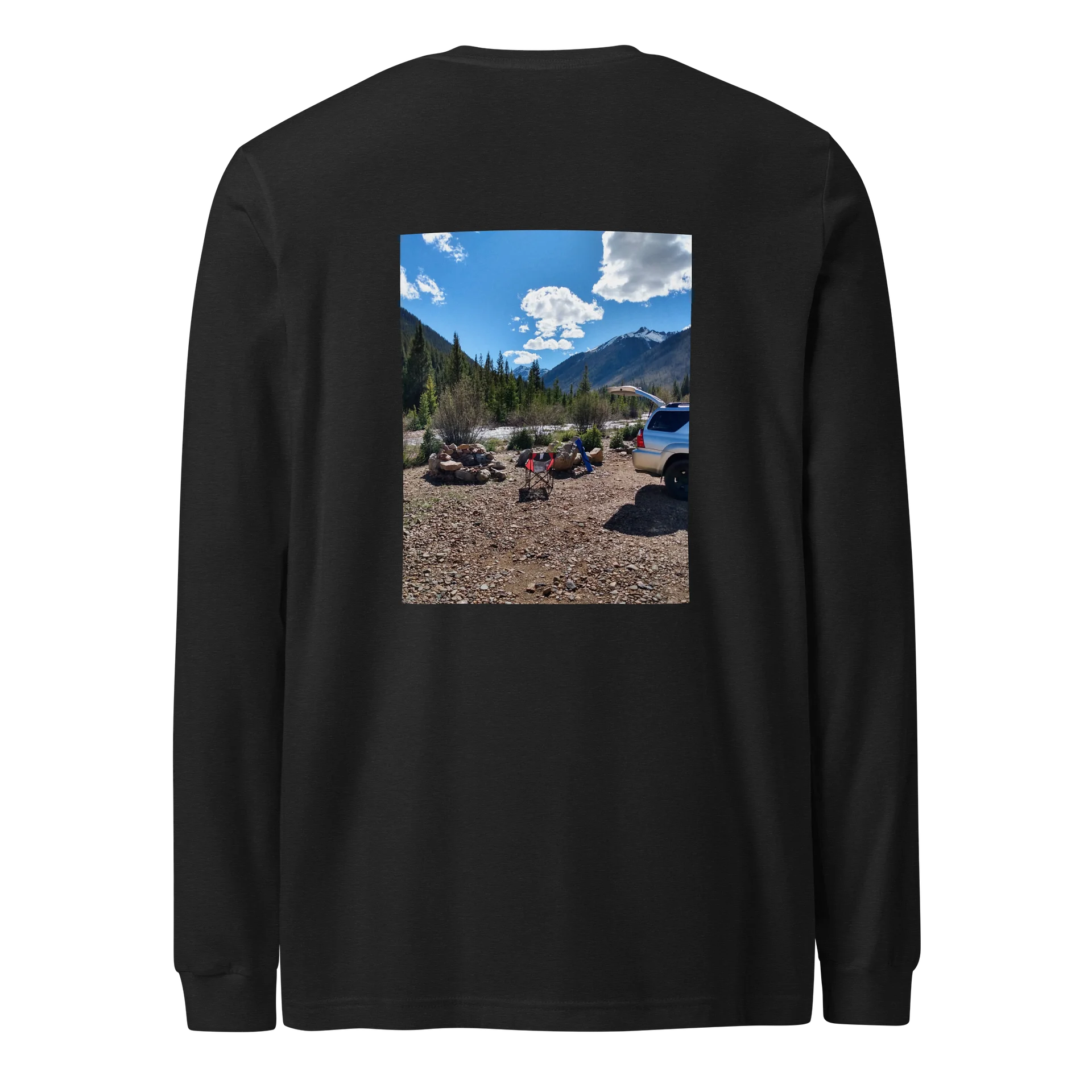 Back of Papa Rick’s Wild Camp Long-Sleeve Tee showing his Silverton, Colorado mountain campsite photograph